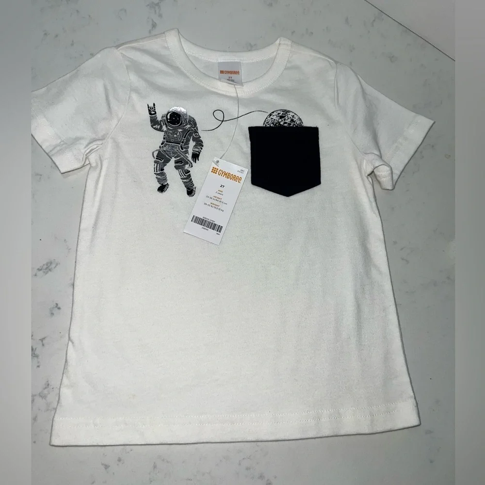 Gymboree White Tee with Astronaut and Black Pocket